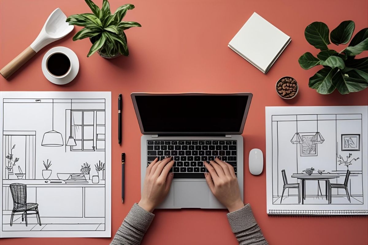 Designer workspace with sketches and materials