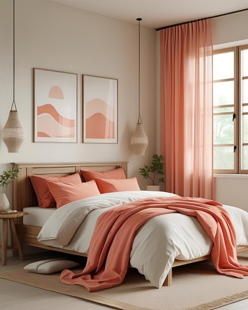 A serene and cozy bedroom with soft, neutral-toned bedding and ambient lighting