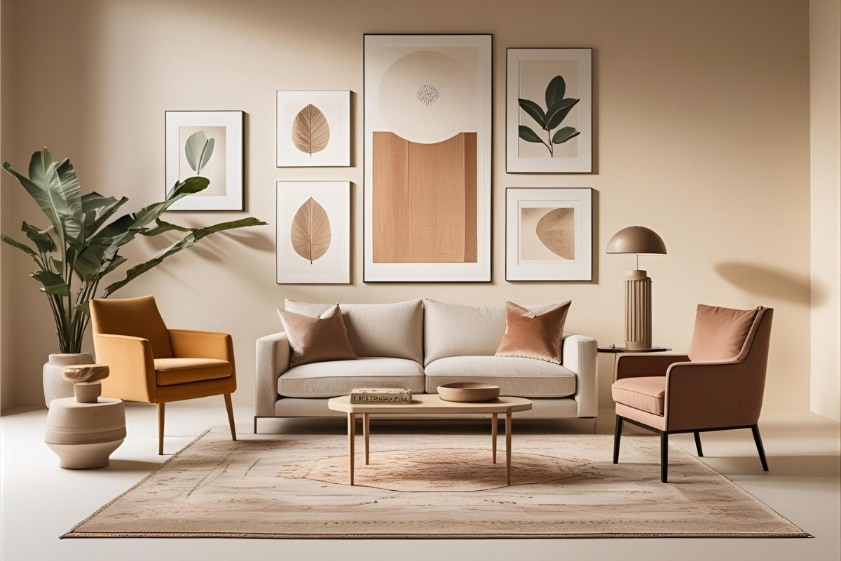 A photorealistic 3D render of a modern living room