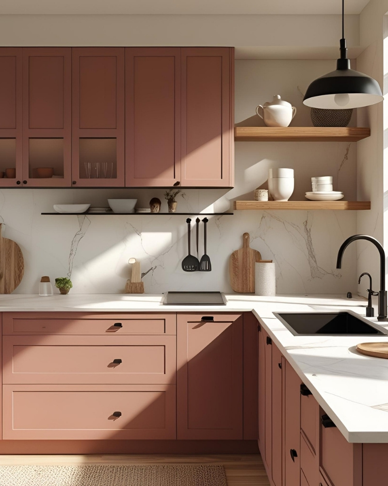 A sleek, modern kitchen design with marble countertops and minimalist fixtures