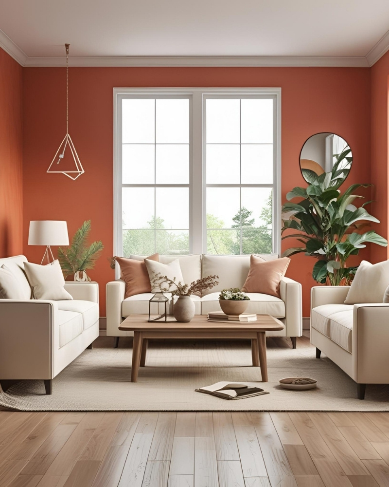 A beautifully furnished living room with a comfortable sectional sofa and large windows